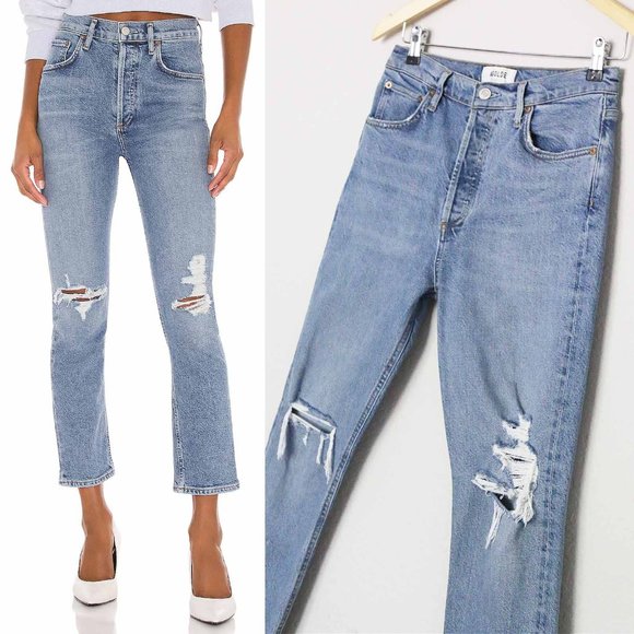 AGOLDE Riley High Rise Straight Crop Jeans 27 Whiplash Stretch Distressed $198